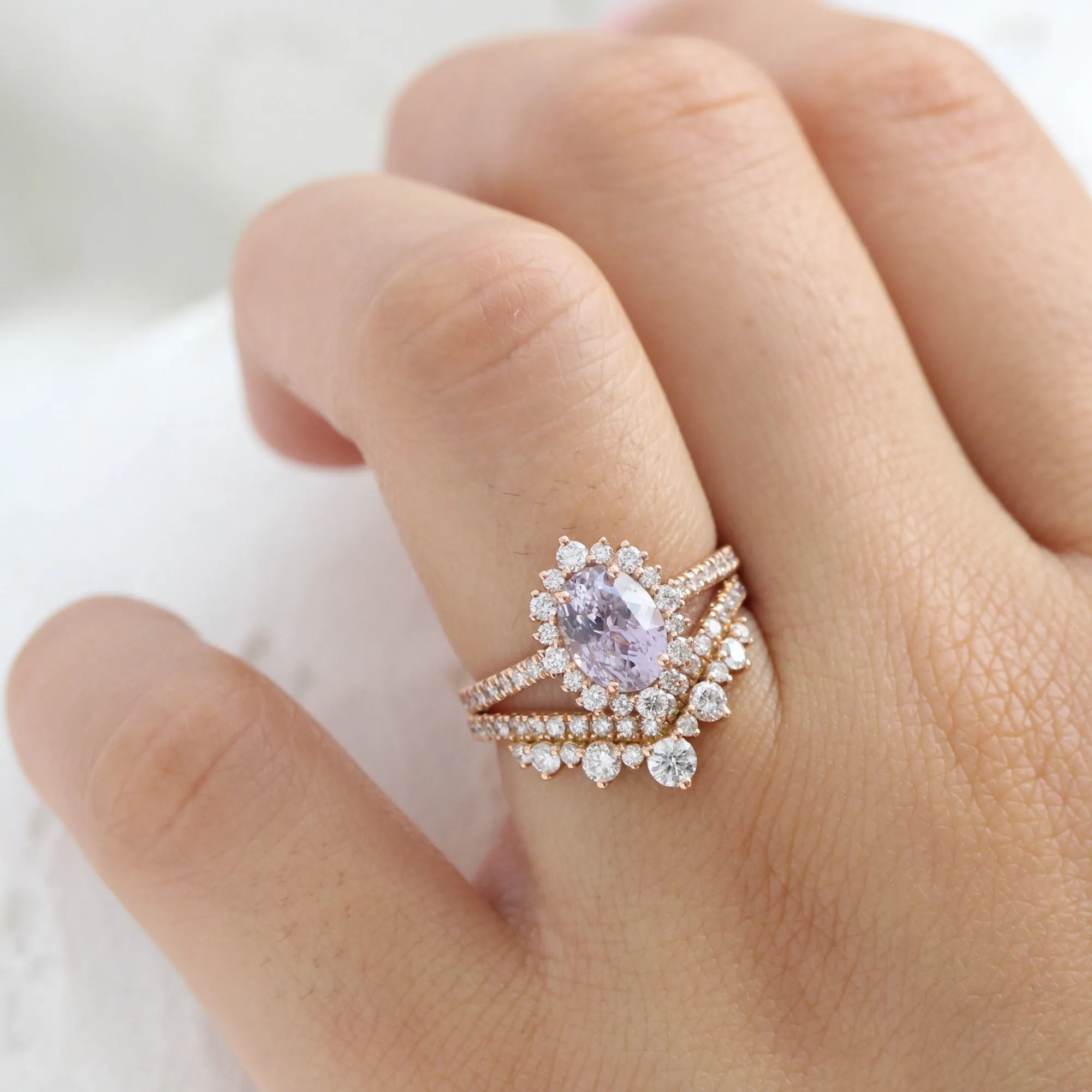 2.65 Ct Oval Lavender Sapphire Ring in 14k Rose Gold Tiara Halo Diamond, Size 7.25