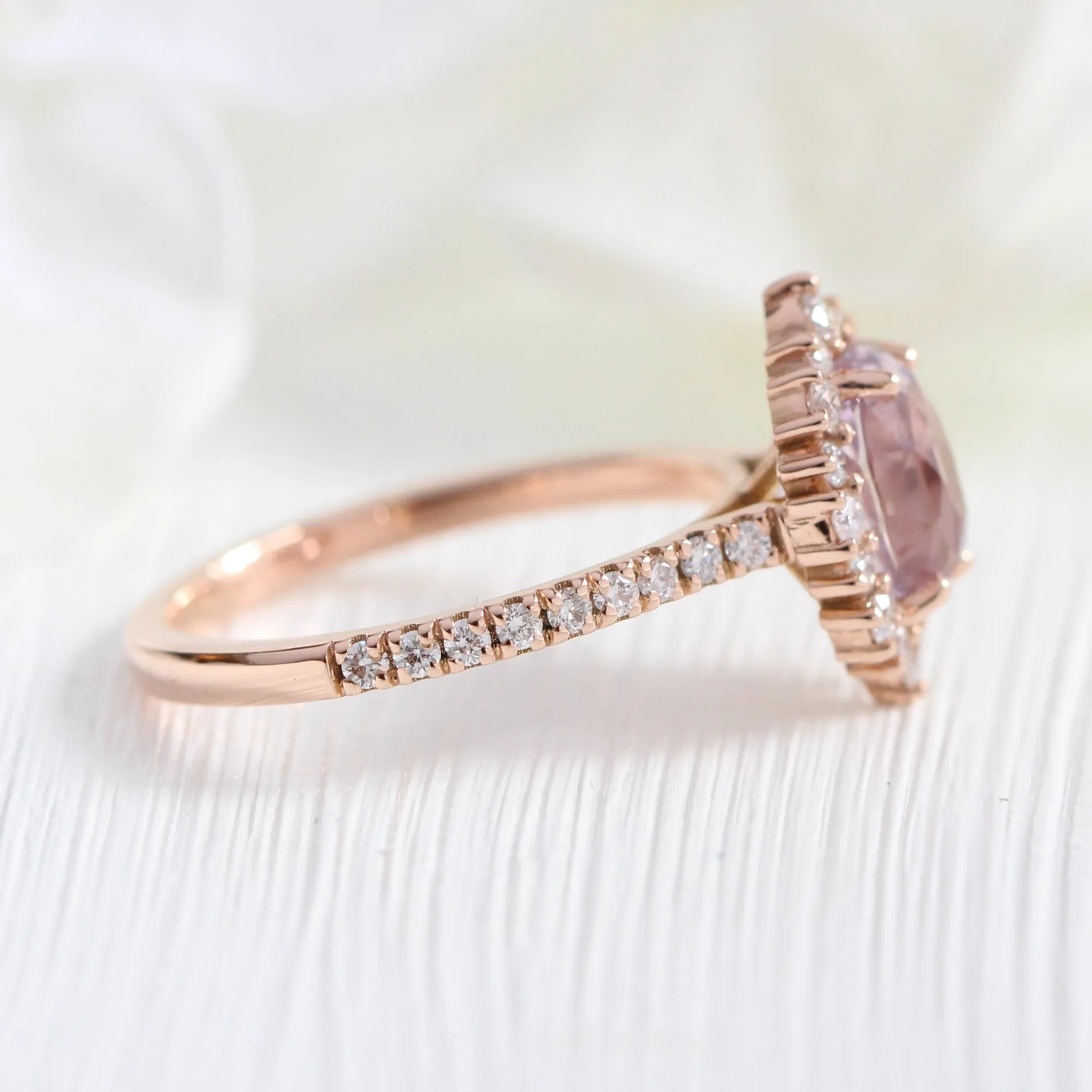2.65 Ct Oval Lavender Sapphire Ring in 14k Rose Gold Tiara Halo Diamond, Size 7.25