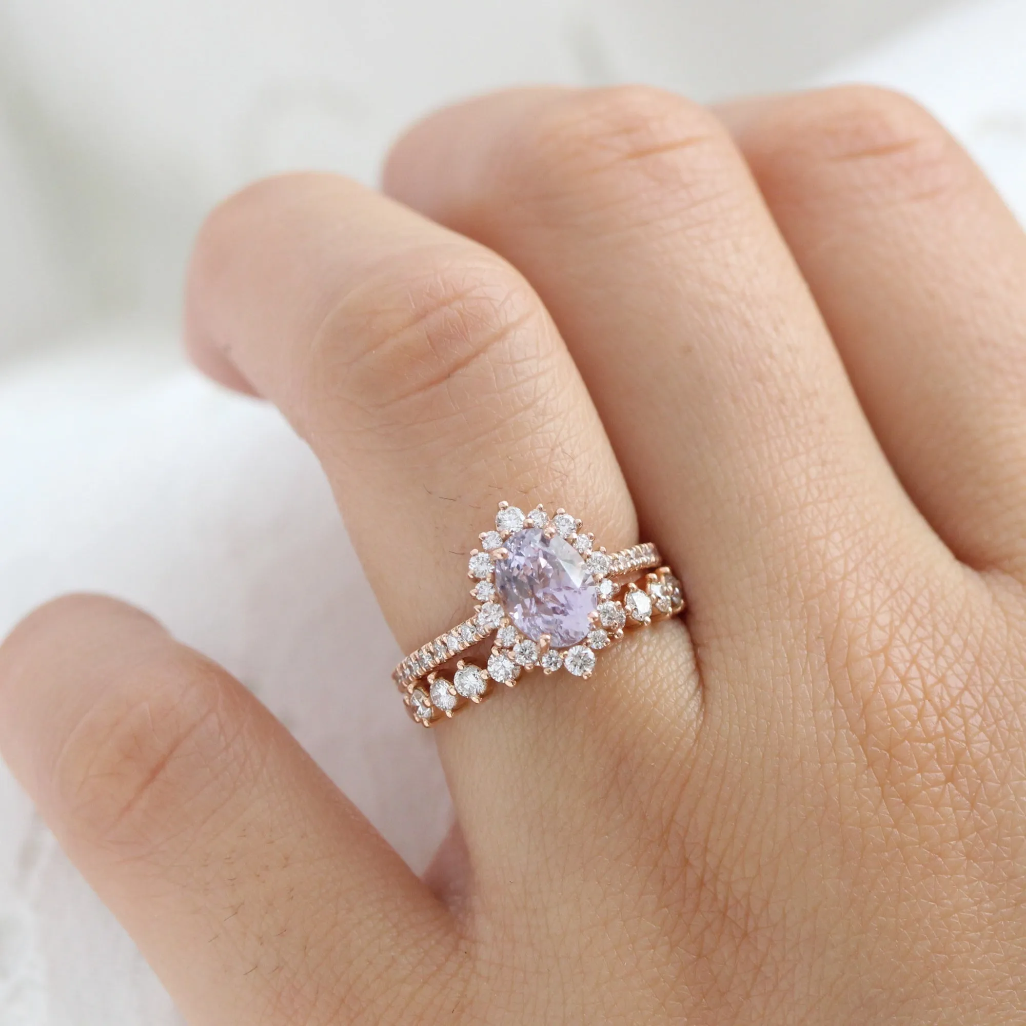 2.65 Ct Oval Lavender Sapphire Ring in 14k Rose Gold Tiara Halo Diamond, Size 7.25