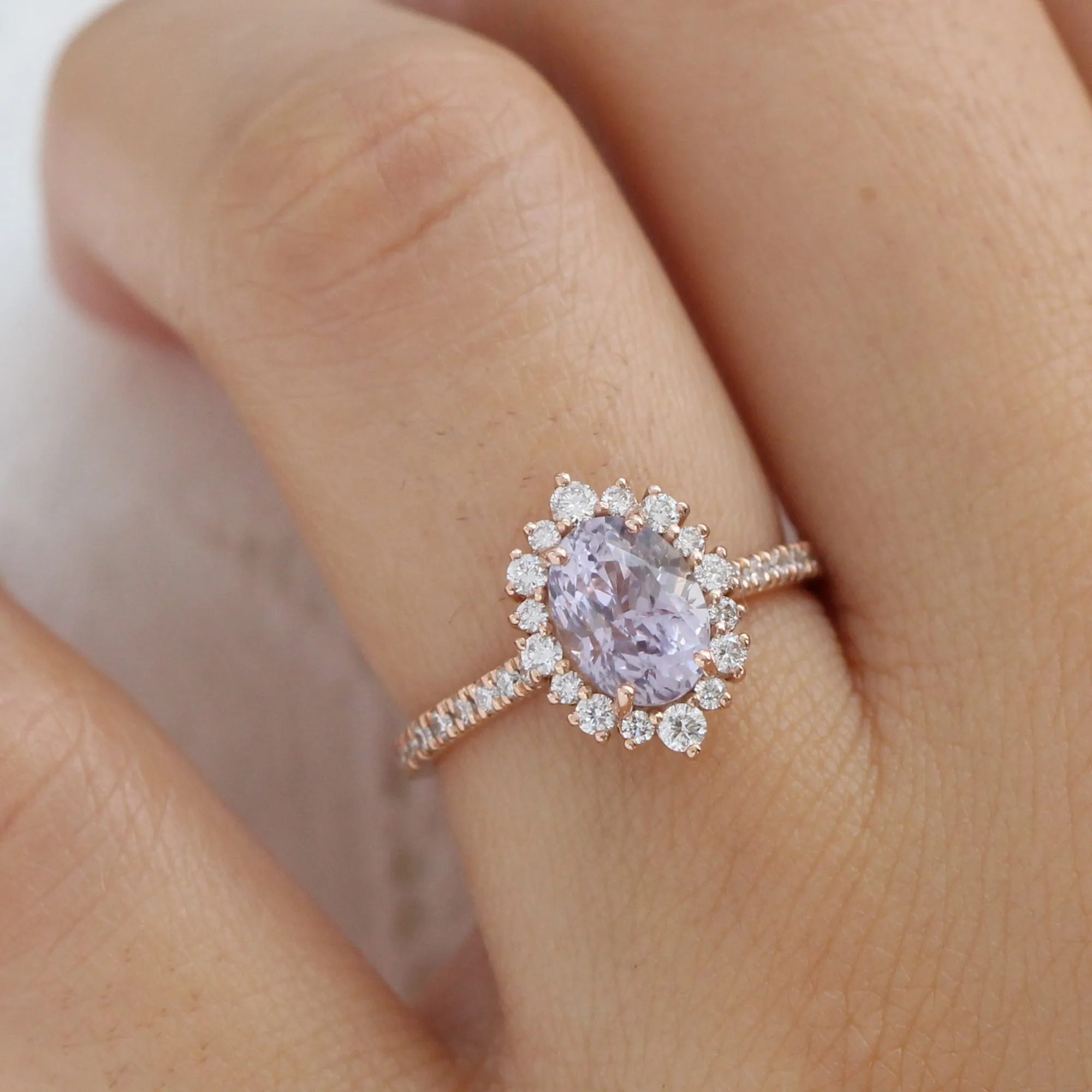 2.65 Ct Oval Lavender Sapphire Ring in 14k Rose Gold Tiara Halo Diamond, Size 7.25