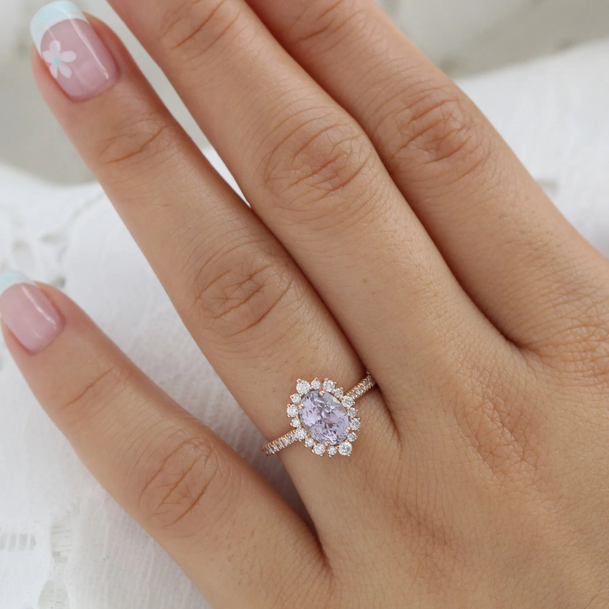 2.65 Ct Oval Lavender Sapphire Ring in 14k Rose Gold Tiara Halo Diamond, Size 7.25