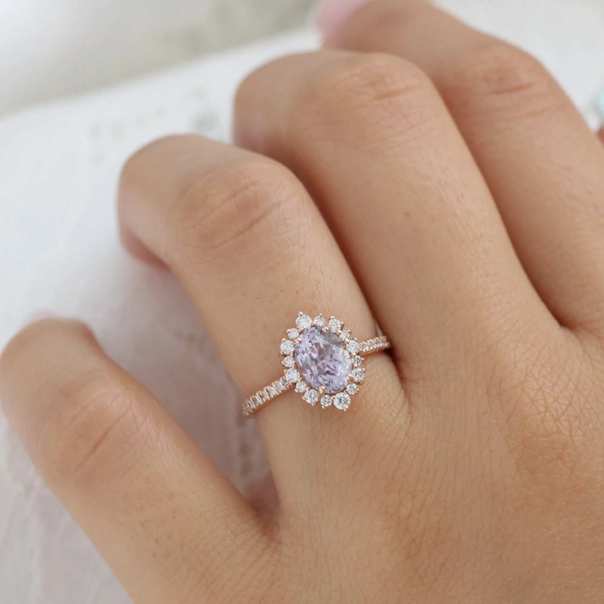 2.65 Ct Oval Lavender Sapphire Ring in 14k Rose Gold Tiara Halo Diamond, Size 7.25