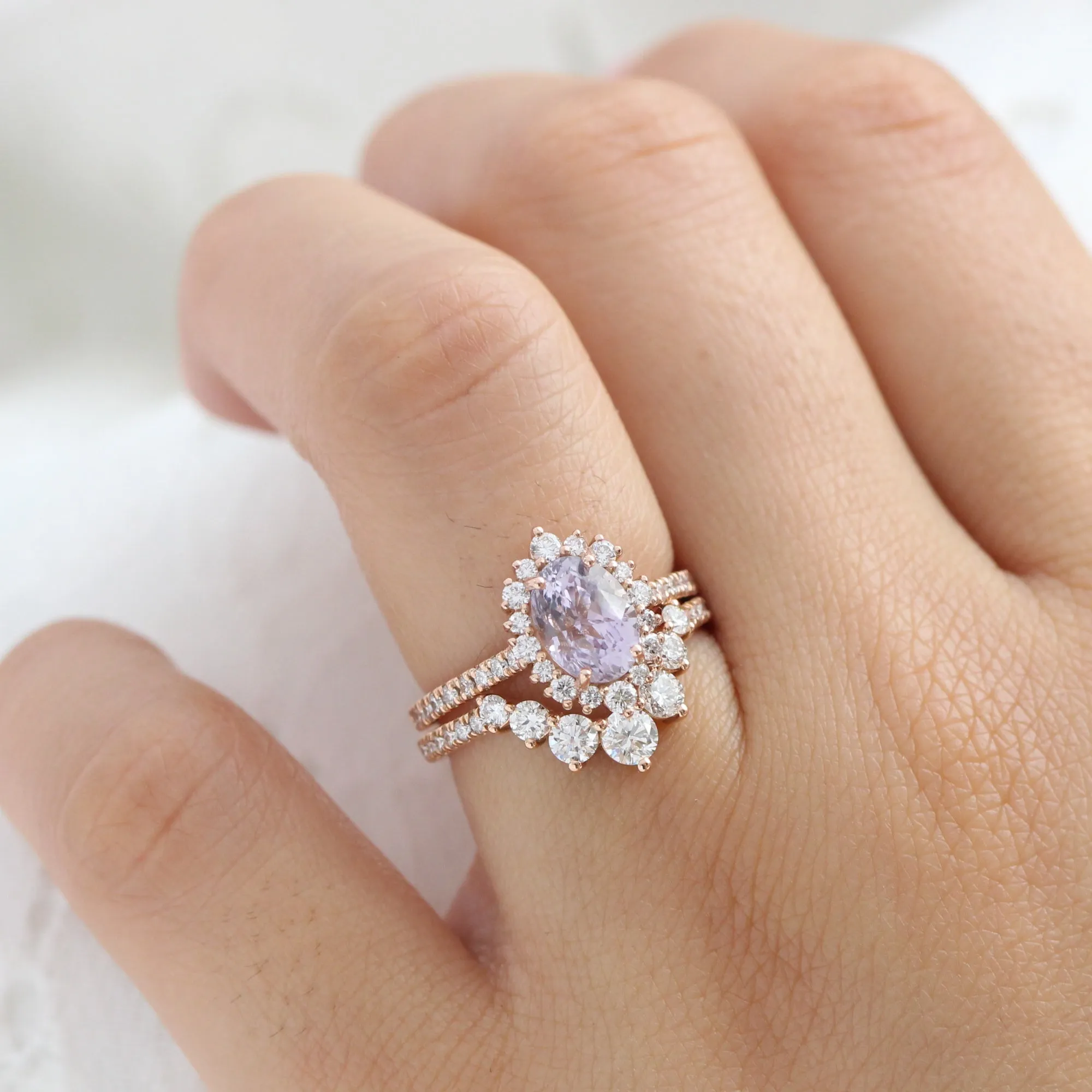 2.65 Ct Oval Lavender Sapphire Ring in 14k Rose Gold Tiara Halo Diamond, Size 7.25