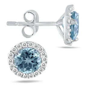 5Mm Aquamarine And Genuine Diamond Stud Earrings In 14K White Gold