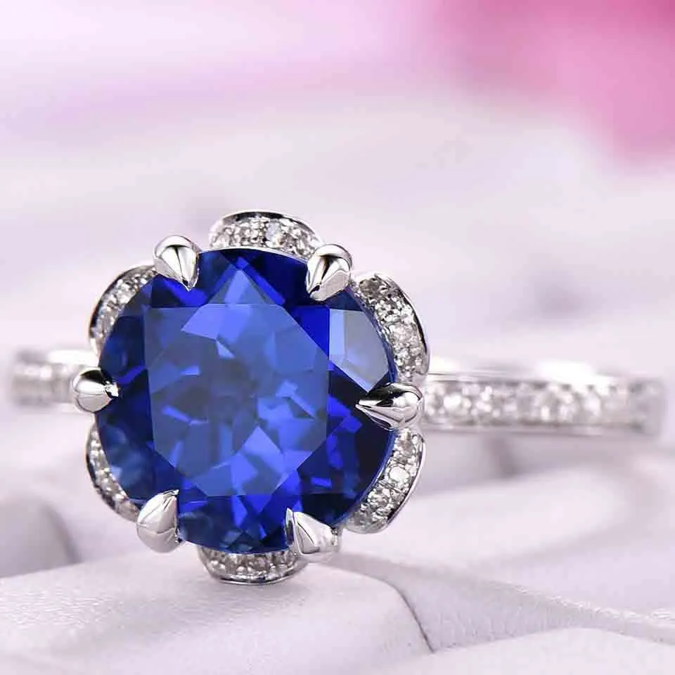 7mm Round Cut Sapphire Engagement Ring/14k White Gold Diamond Band/Half Eternity/Bridal wedding ring/Birthstone gift/Pave set/Art Deco Halo