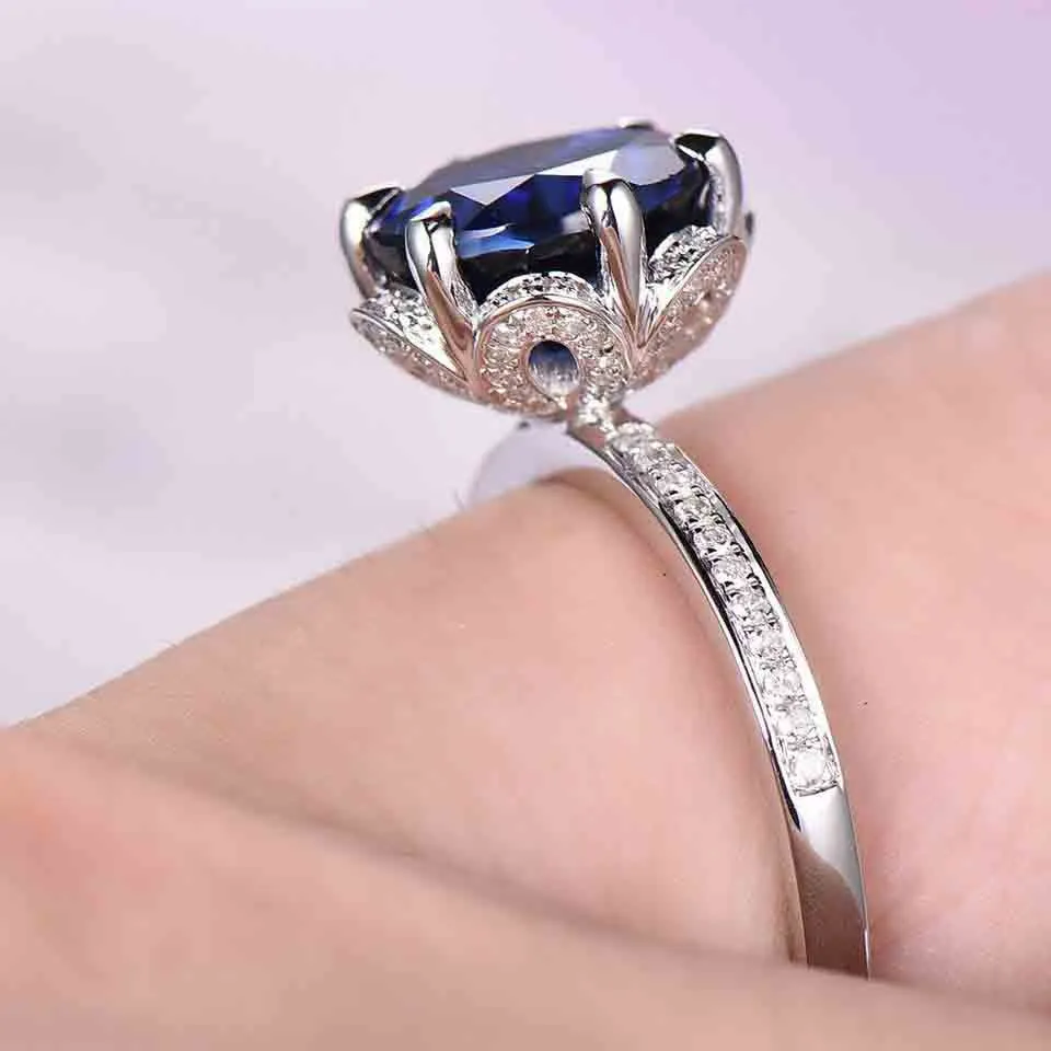 7mm Round Cut Sapphire Engagement Ring/14k White Gold Diamond Band/Half Eternity/Bridal wedding ring/Birthstone gift/Pave set/Art Deco Halo