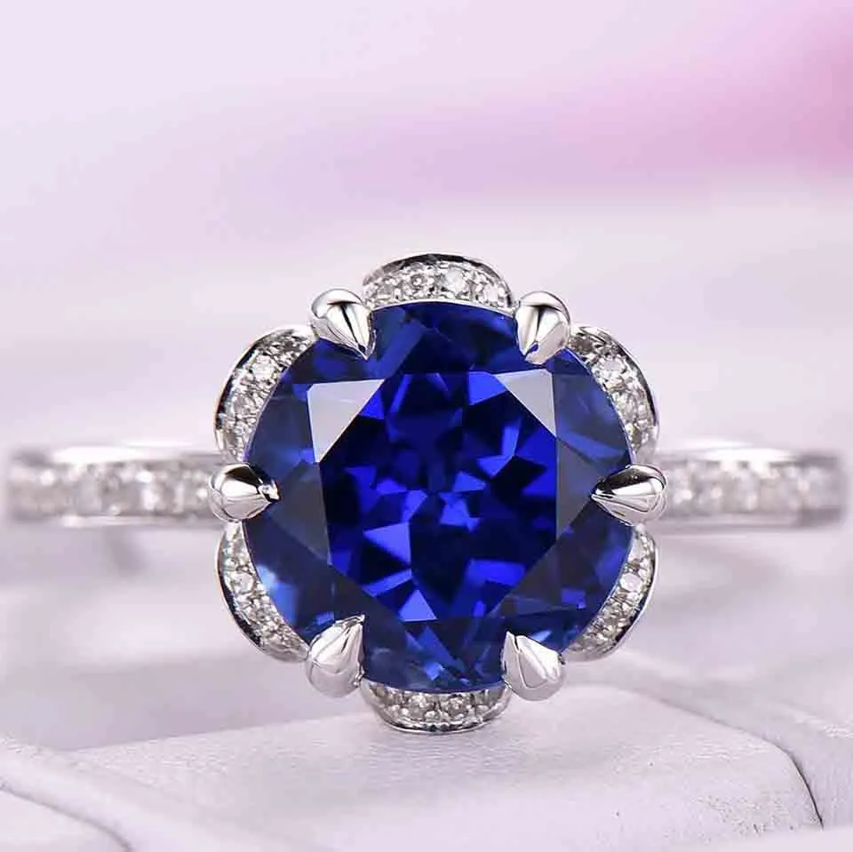 7mm Round Cut Sapphire Engagement Ring/14k White Gold Diamond Band/Half Eternity/Bridal wedding ring/Birthstone gift/Pave set/Art Deco Halo