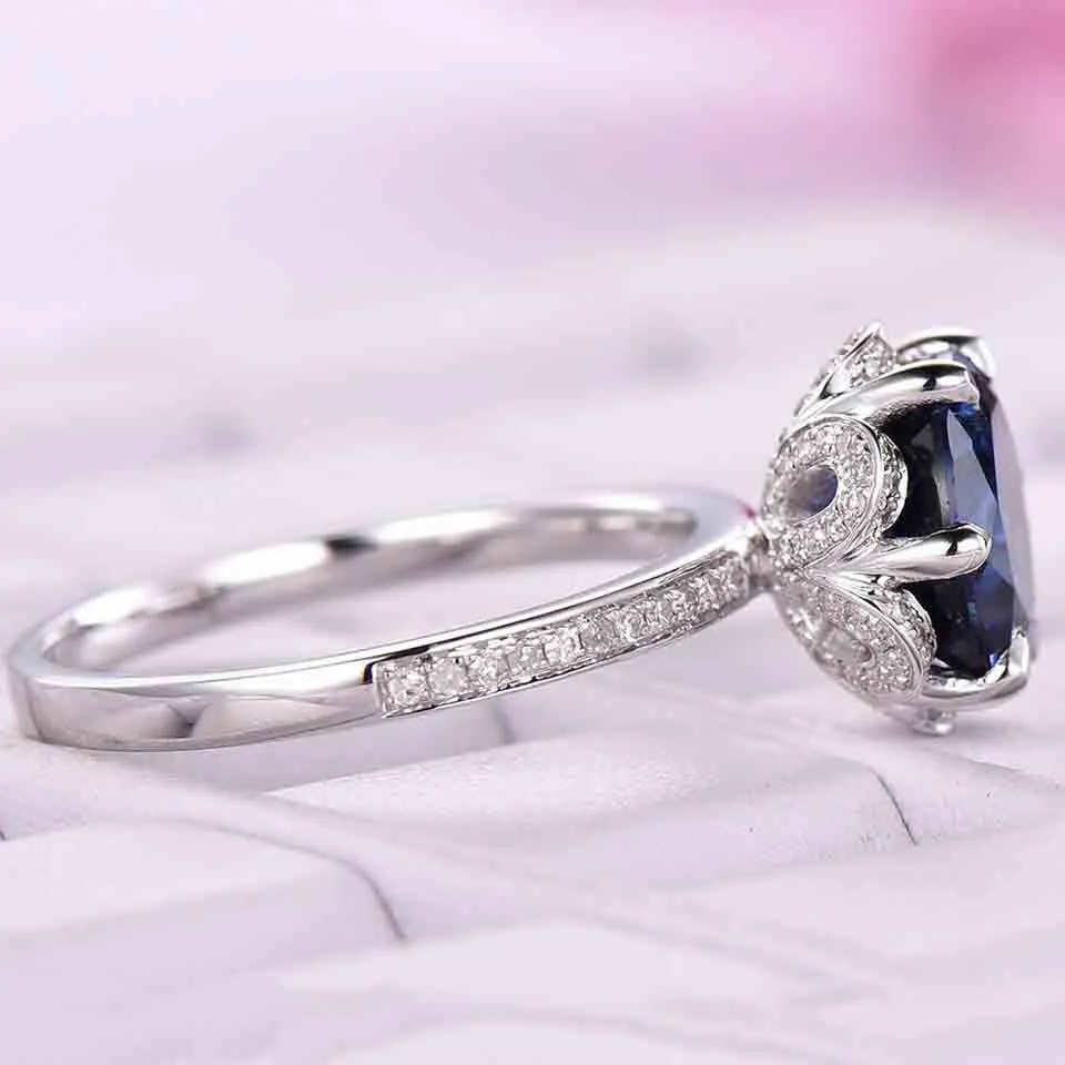 7mm Round Cut Sapphire Engagement Ring/14k White Gold Diamond Band/Half Eternity/Bridal wedding ring/Birthstone gift/Pave set/Art Deco Halo