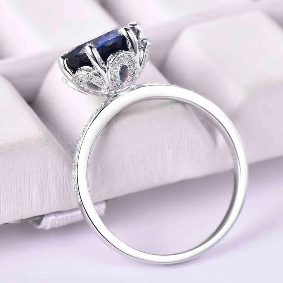 7mm Round Cut Sapphire Engagement Ring/14k White Gold Diamond Band/Half Eternity/Bridal wedding ring/Birthstone gift/Pave set/Art Deco Halo