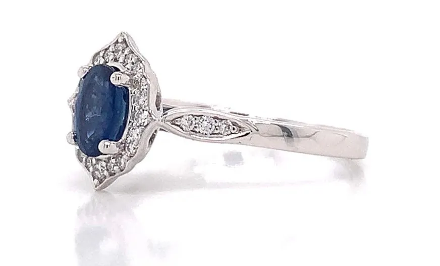 9ct White Gold 0.60ct Earth Grown Oval Sapphire With Ornate 0.13ct Diamond Ring