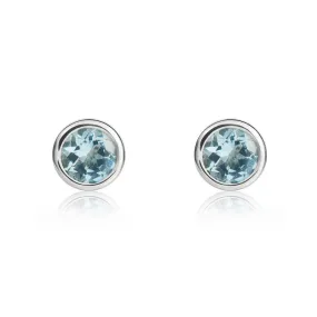 9ct White Gold Aquamarine 4mm Round Rub Over Set Stud Earrings