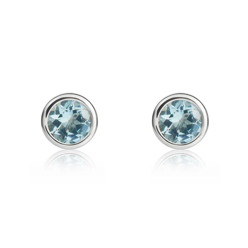9ct White Gold Aquamarine 4mm Round Rub Over Set Stud Earrings