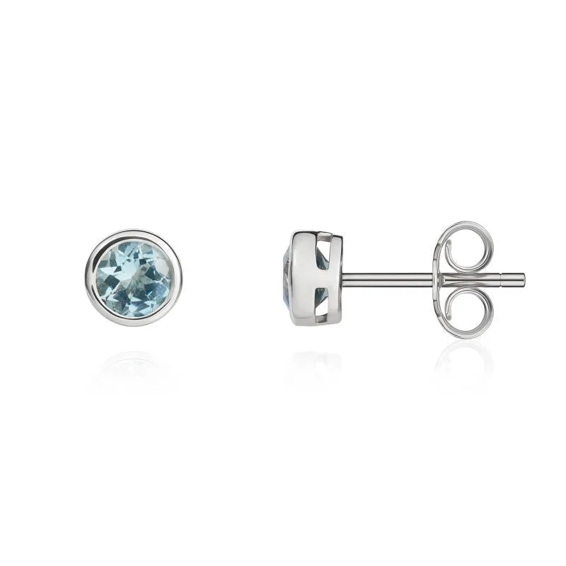 9ct White Gold Aquamarine 4mm Round Rub Over Set Stud Earrings