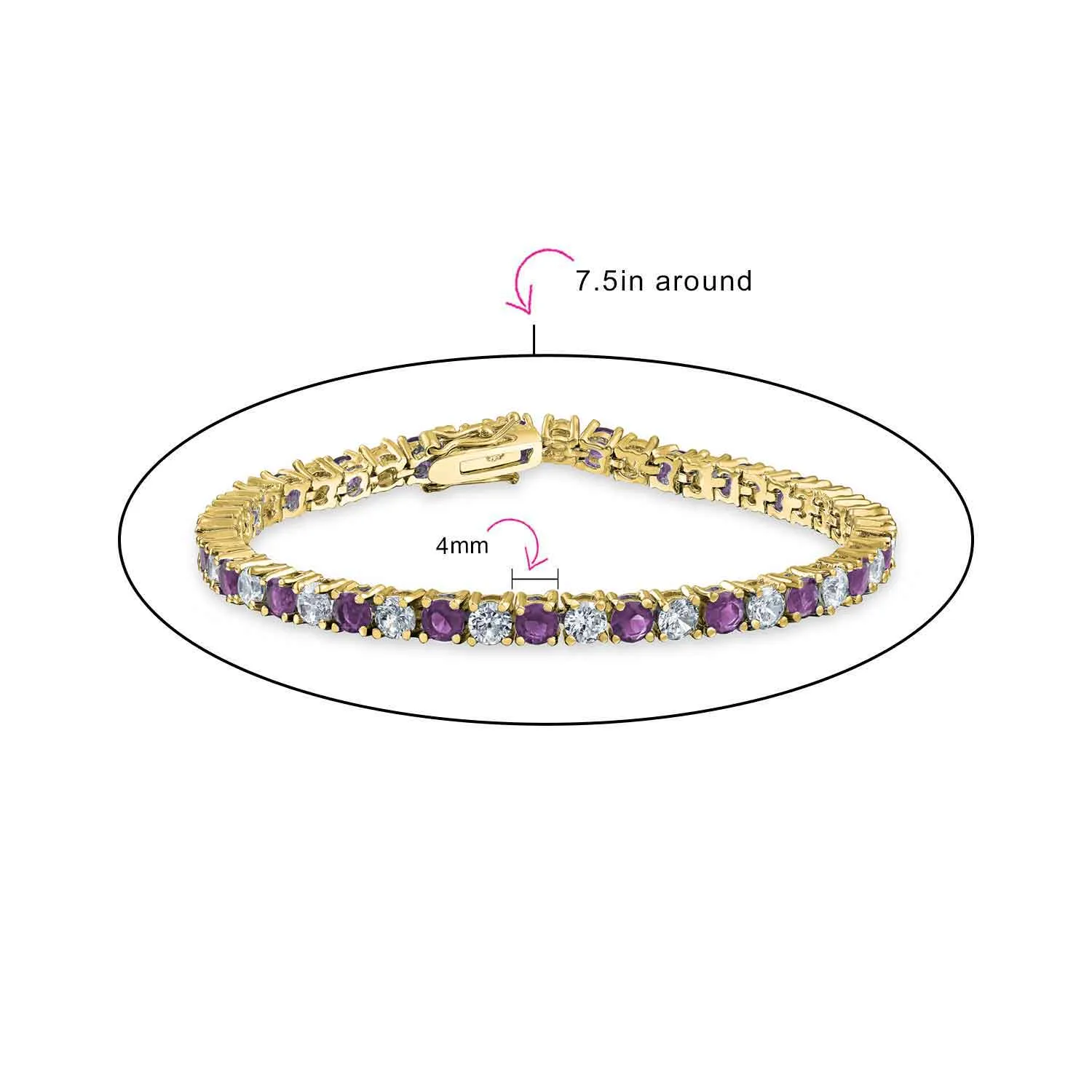 Alternating Stones CZ Tennis Bracelet 12CT 4 Prong Basket Set 14K Gold Plated 7.5 Inch