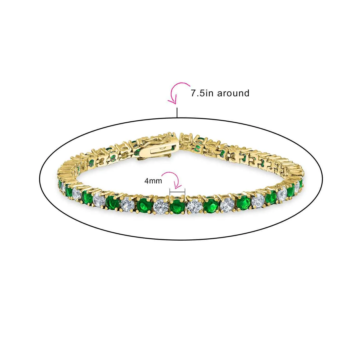 Alternating Stones CZ Tennis Bracelet 12CT 4 Prong Basket Set 14K Gold Plated 7.5 Inch