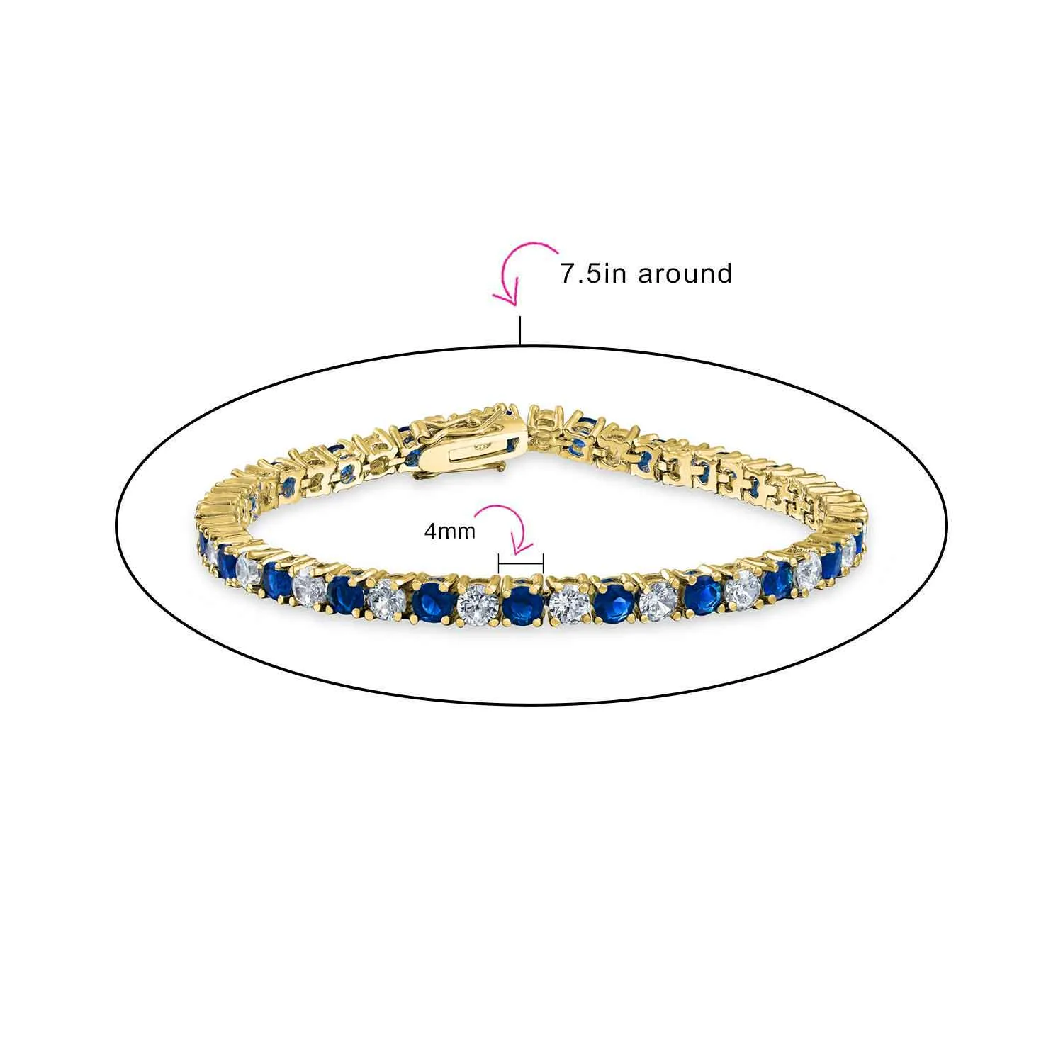 Alternating Stones CZ Tennis Bracelet 12CT 4 Prong Basket Set 14K Gold Plated 7.5 Inch