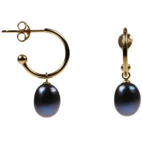 Black Freshwater Pearl 18ct Gold Hoop Earrings