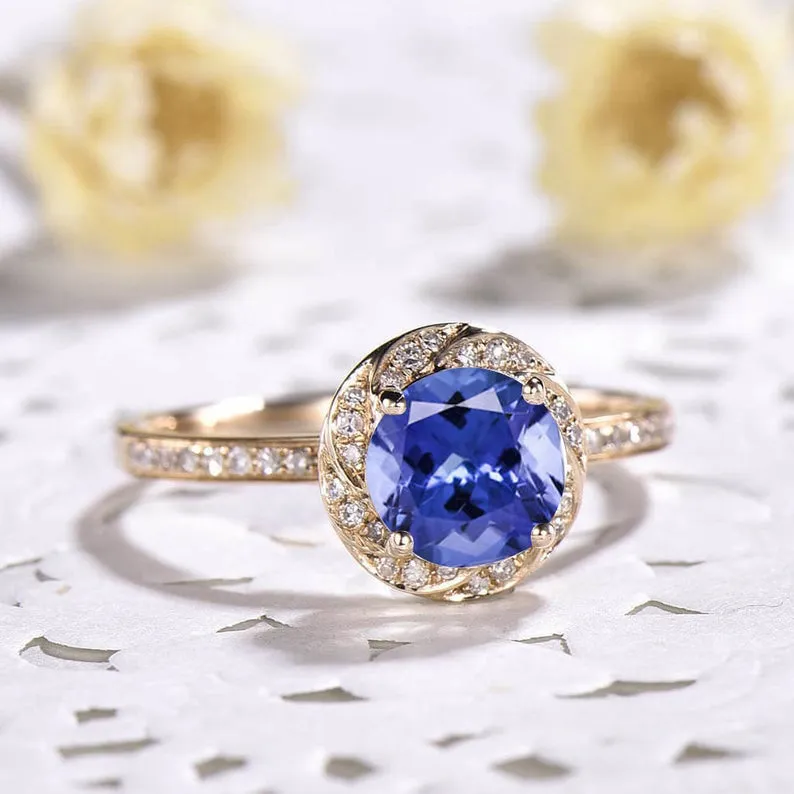 Blue Sapphire Diamond Halo Women Engagement Ring Art Deco