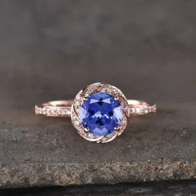 Blue Sapphire Diamond Halo Women Engagement Ring Art Deco