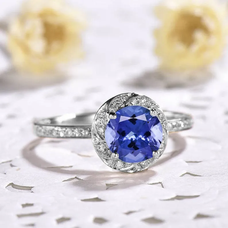 Blue Sapphire Diamond Halo Women Engagement Ring Art Deco