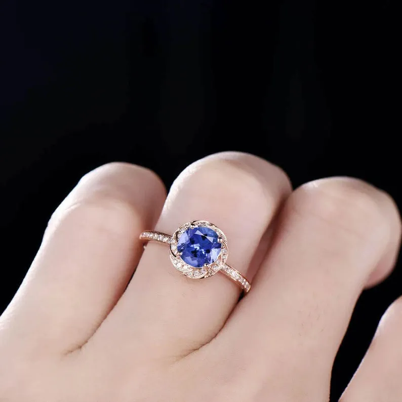 Blue Sapphire Diamond Halo Women Engagement Ring Art Deco