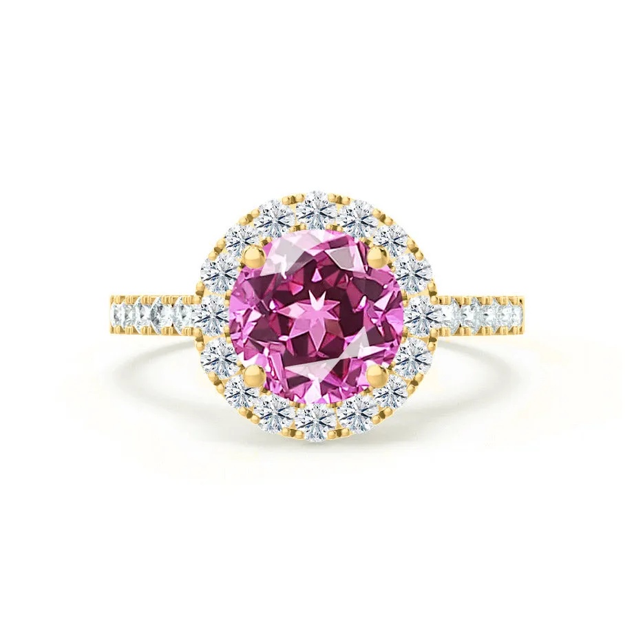 CECILY - Chatham® Lab Grown Pink Sapphire & Diamond 18k Yellow Gold Halo Ring