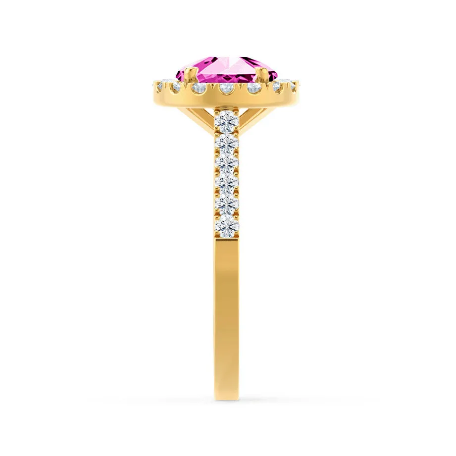 CECILY - Chatham® Lab Grown Pink Sapphire & Diamond 18k Yellow Gold Halo Ring