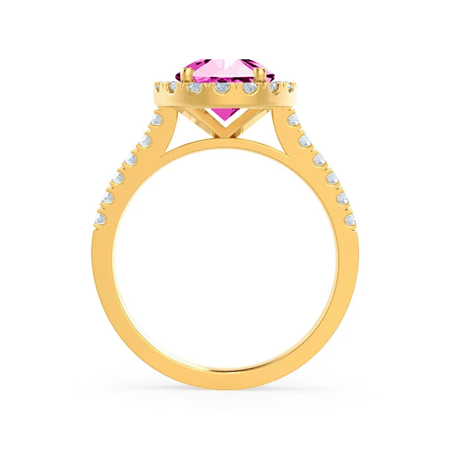 CECILY - Chatham® Lab Grown Pink Sapphire & Diamond 18k Yellow Gold Halo Ring