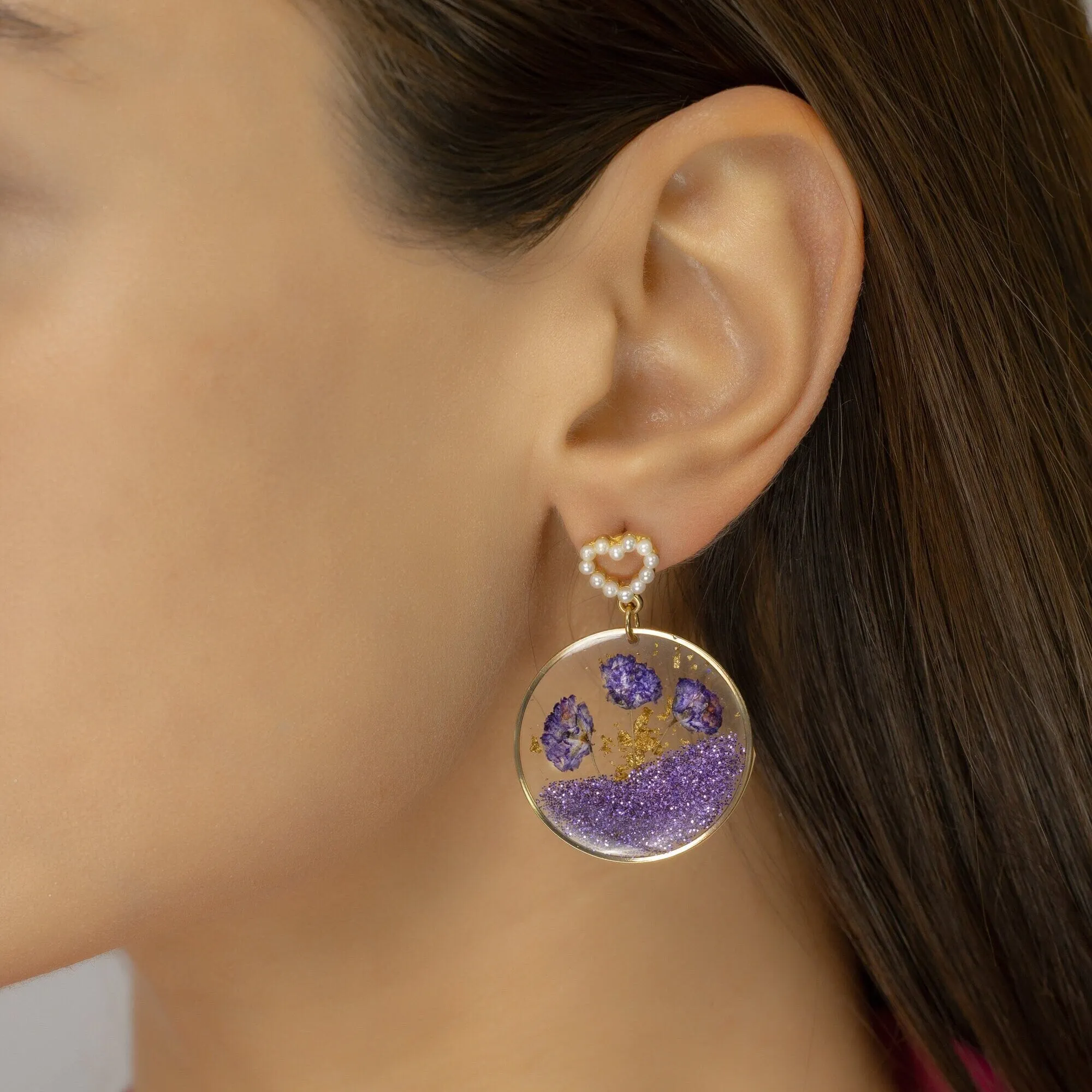 Clear Discs with Dried Flowers Earrings