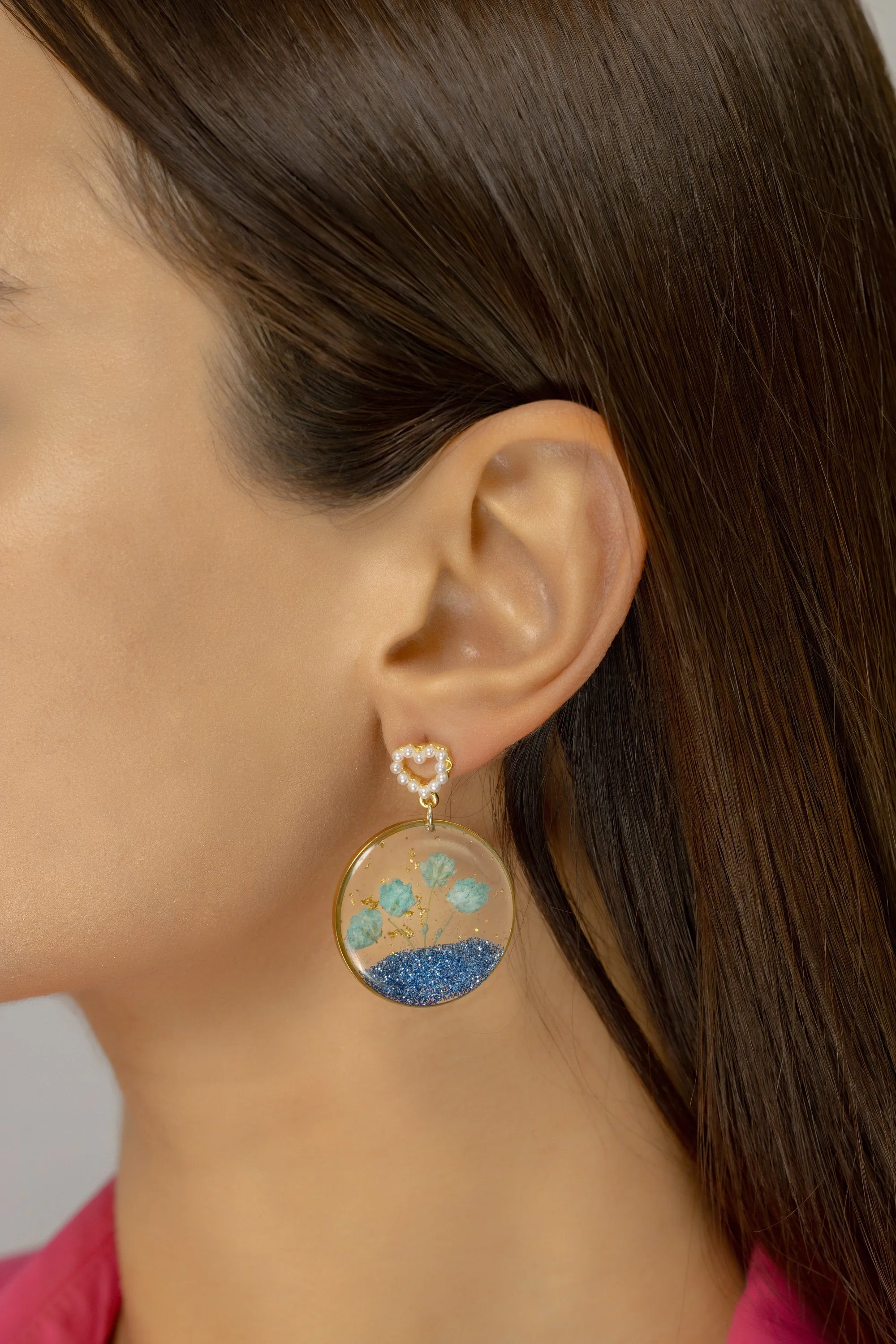 Clear Discs with Dried Flowers Earrings