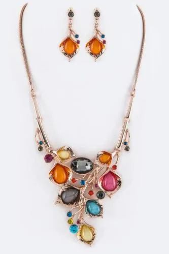 Crystal Flowers Statement Necklace Set