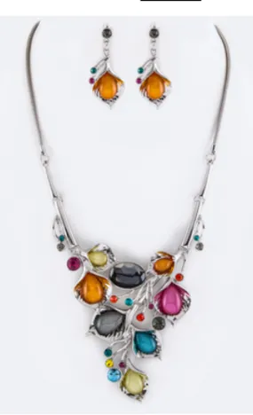Crystal Flowers Statement Necklace Set