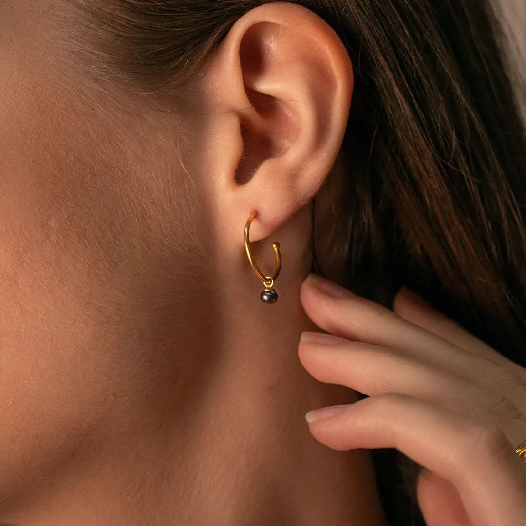 Dainty Pearl Drop Hoop Earrings | Midnight - Gold