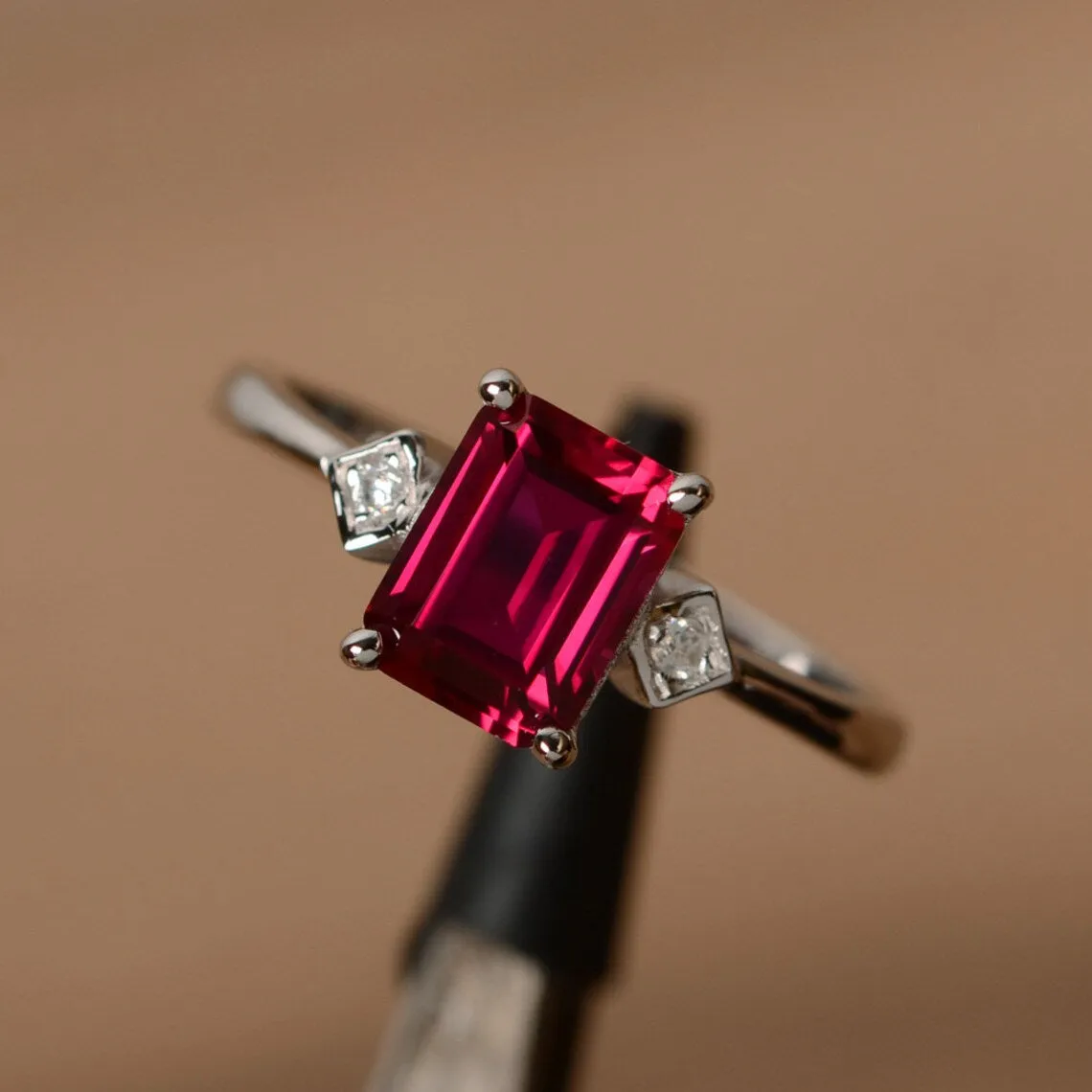 Elegant Emerald Cut Ruby Solitaire Rings - 925 Sterling Silver Ring