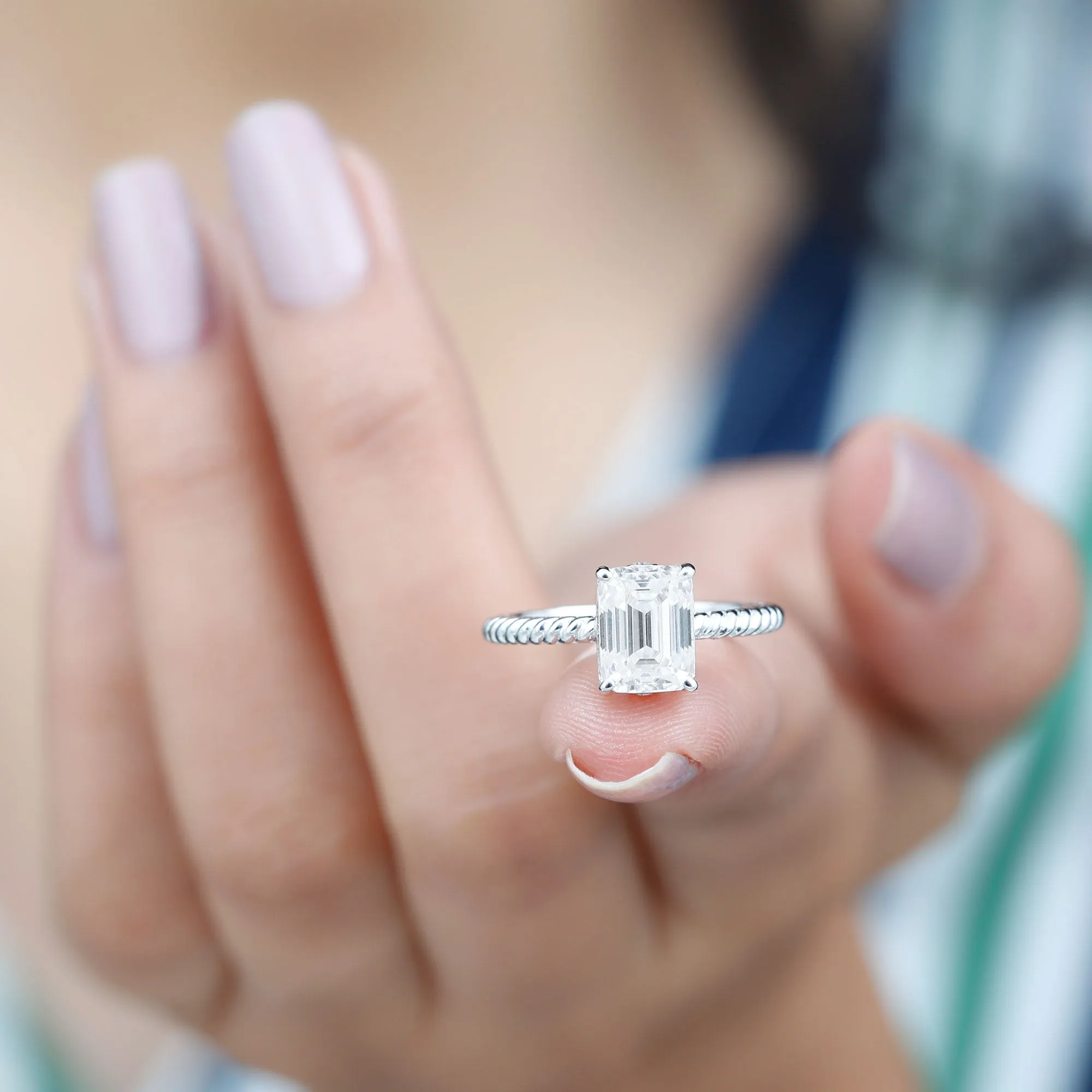 Emerald Cut Moissanite Solitaire Ring with Twisted Rope Design