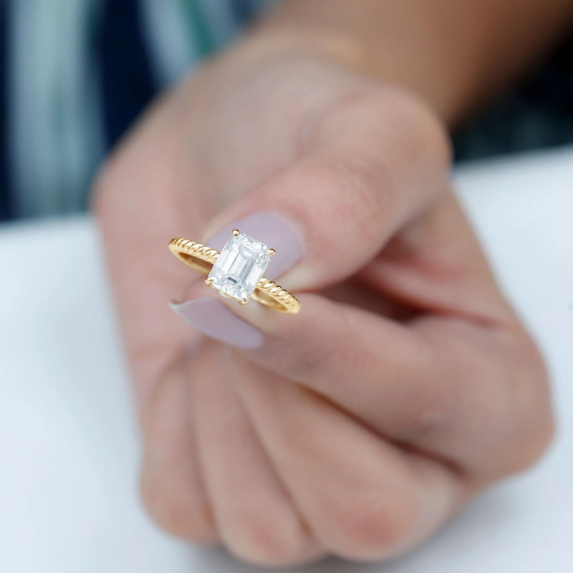 Emerald Cut Moissanite Solitaire Ring with Twisted Rope Design