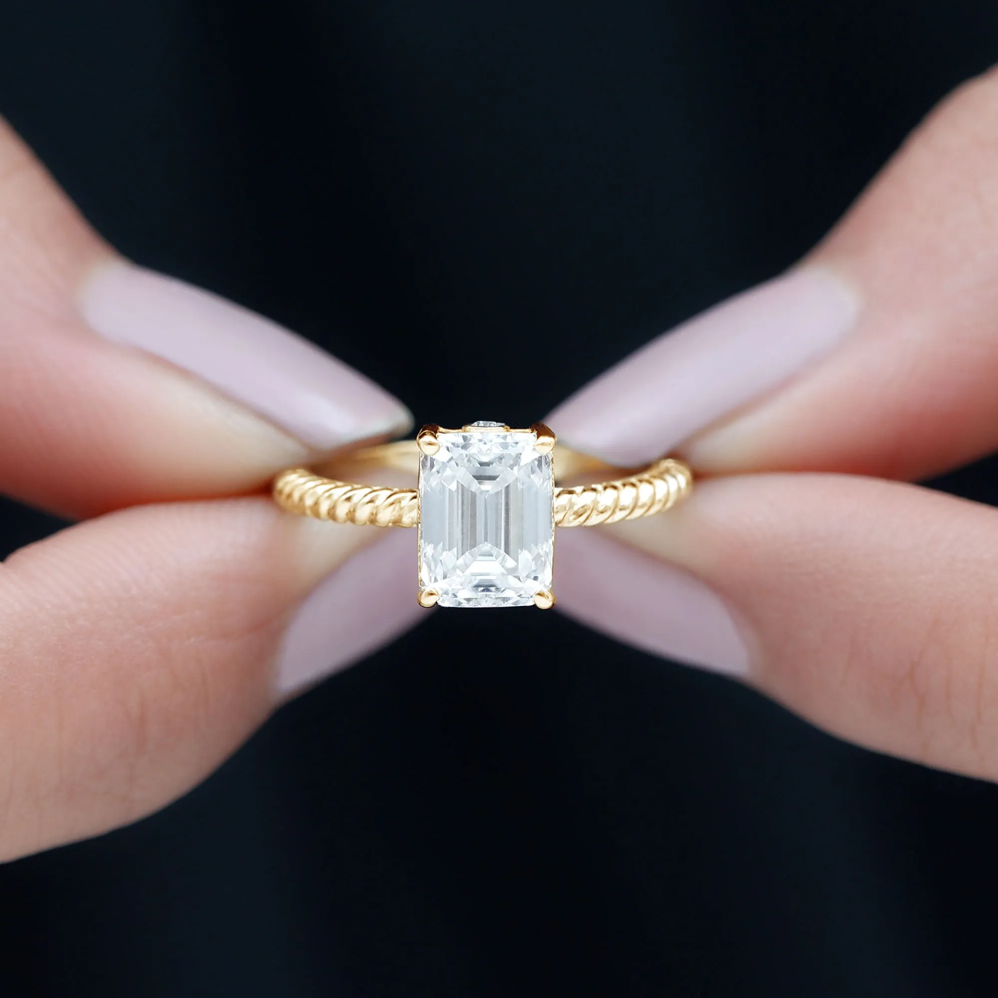 Emerald Cut Moissanite Solitaire Ring with Twisted Rope Design