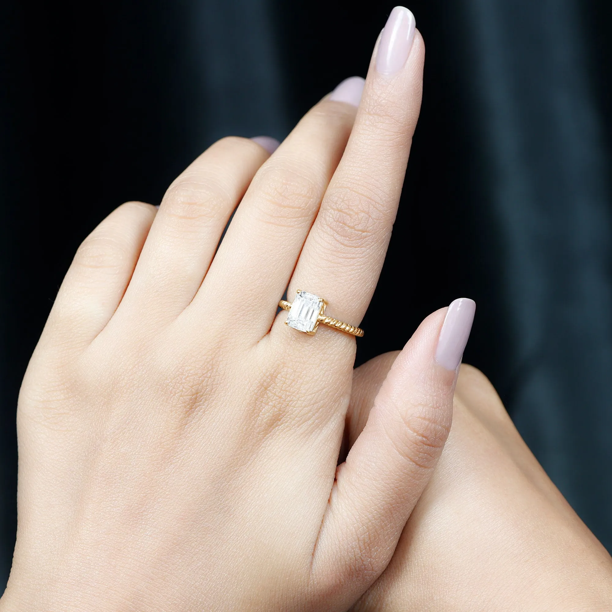 Emerald Cut Moissanite Solitaire Ring with Twisted Rope Design