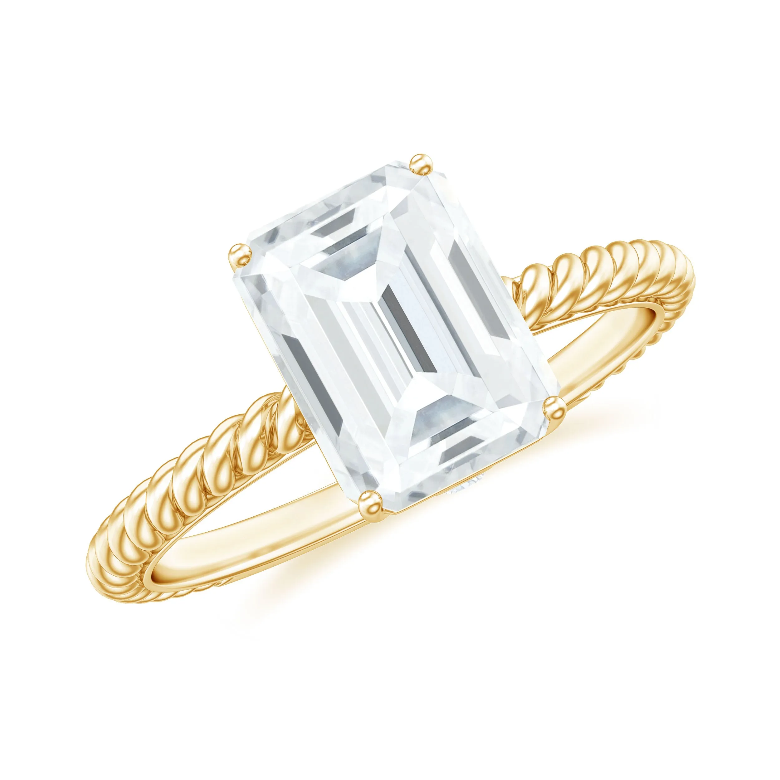 Emerald Cut Moissanite Solitaire Ring with Twisted Rope Design