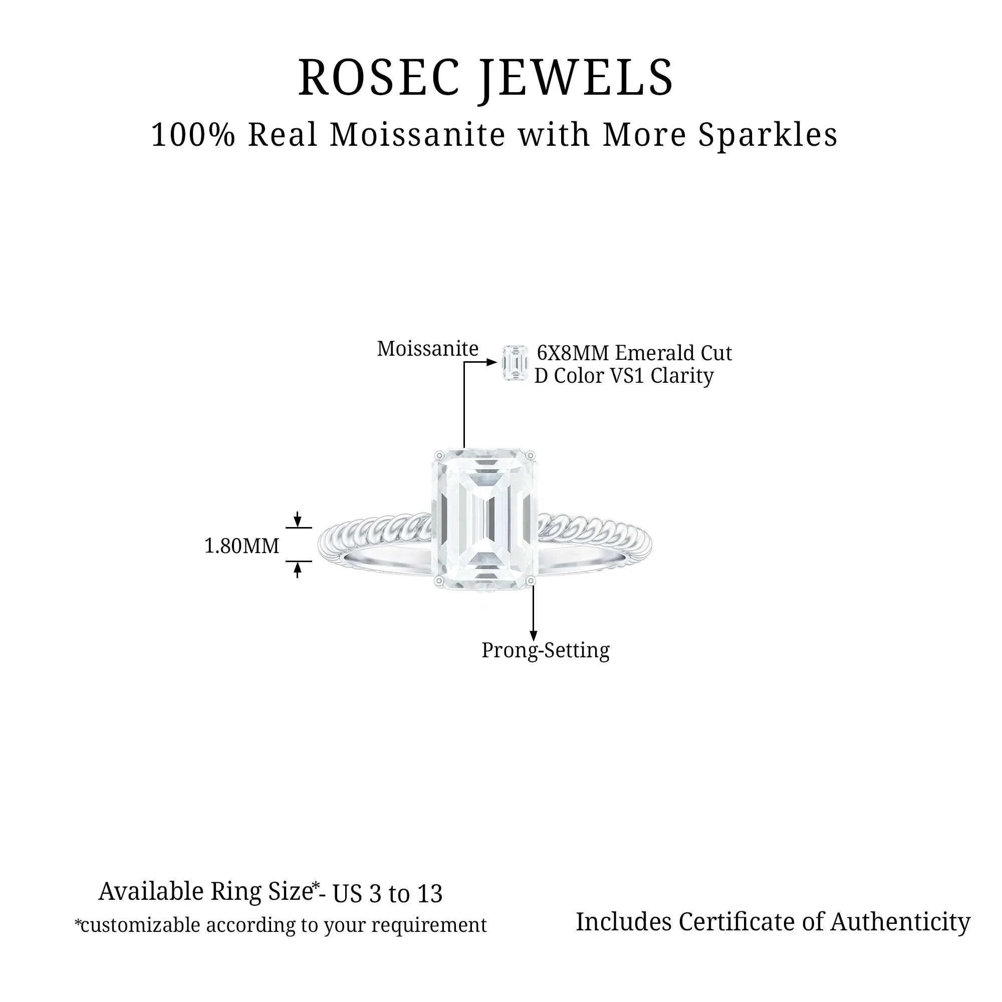 Emerald Cut Moissanite Solitaire Ring with Twisted Rope Design