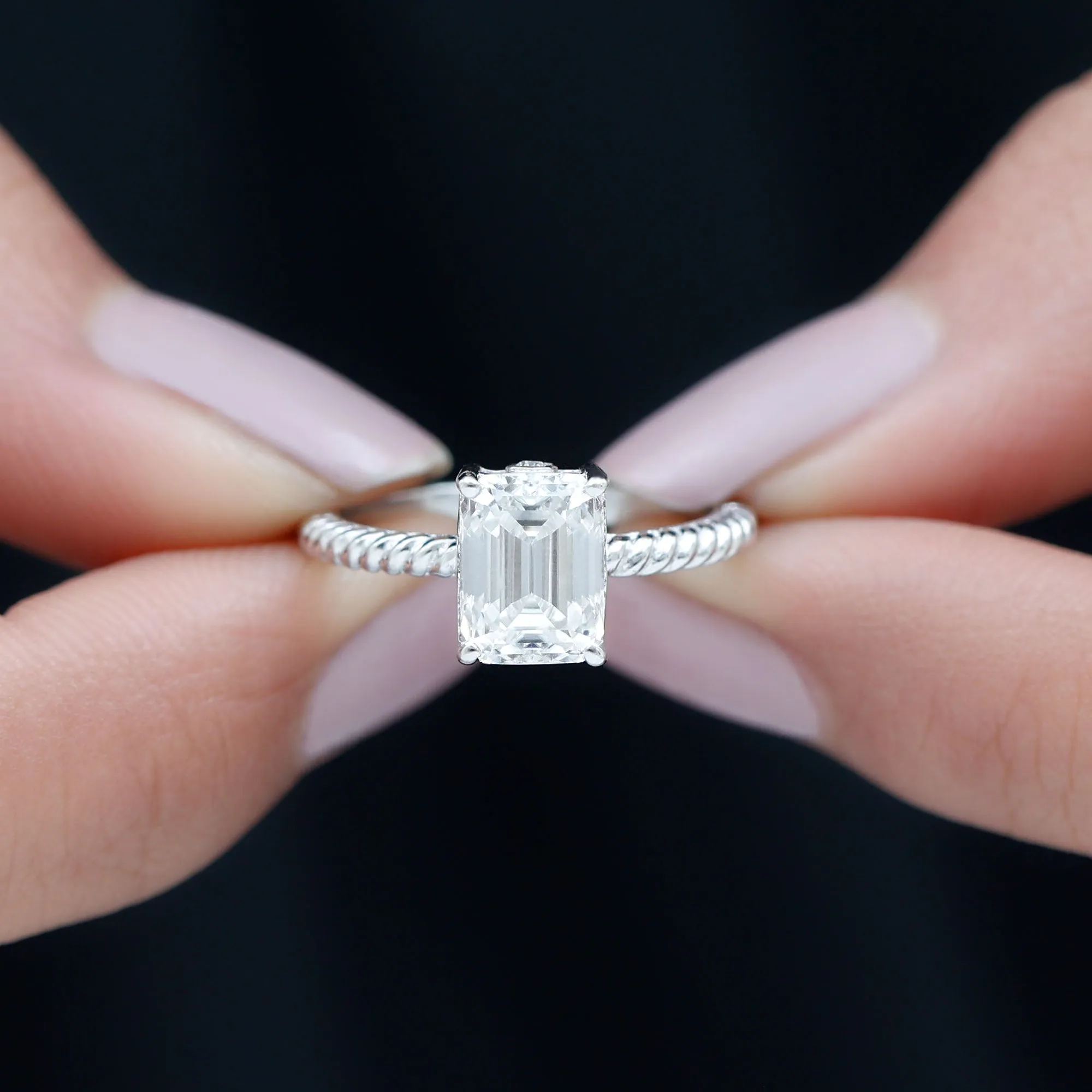 Emerald Cut Moissanite Solitaire Ring with Twisted Rope Design