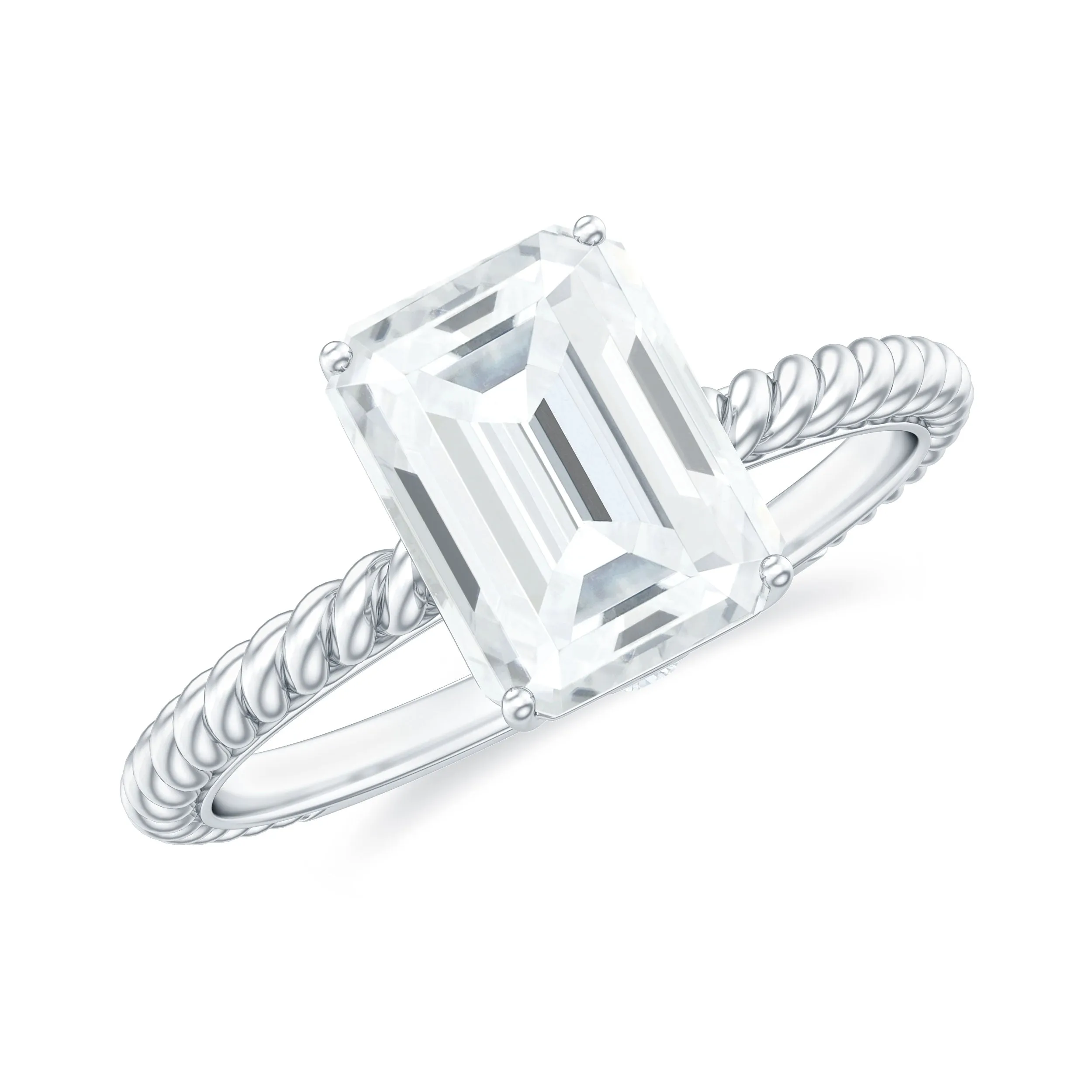 Emerald Cut Moissanite Solitaire Ring with Twisted Rope Design