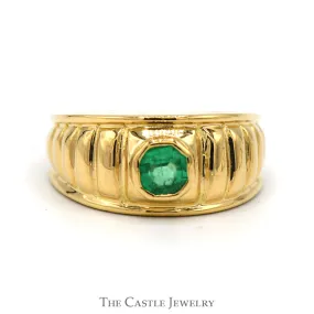 Emerald Solitaire Ring with Grooved Ridged Sides in 18k Yellow Gold
