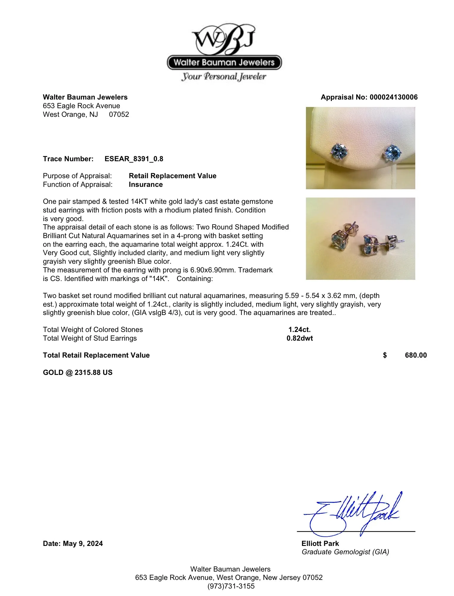 Estate 14K W Gold 1.24ctw Aquamarine Stud Earrings