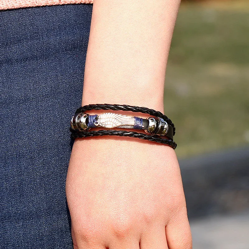 FASHION Punk Angel wings Men Bracelets Black Weave Genuine leather Bracelet Bangles male snaps jewelry
