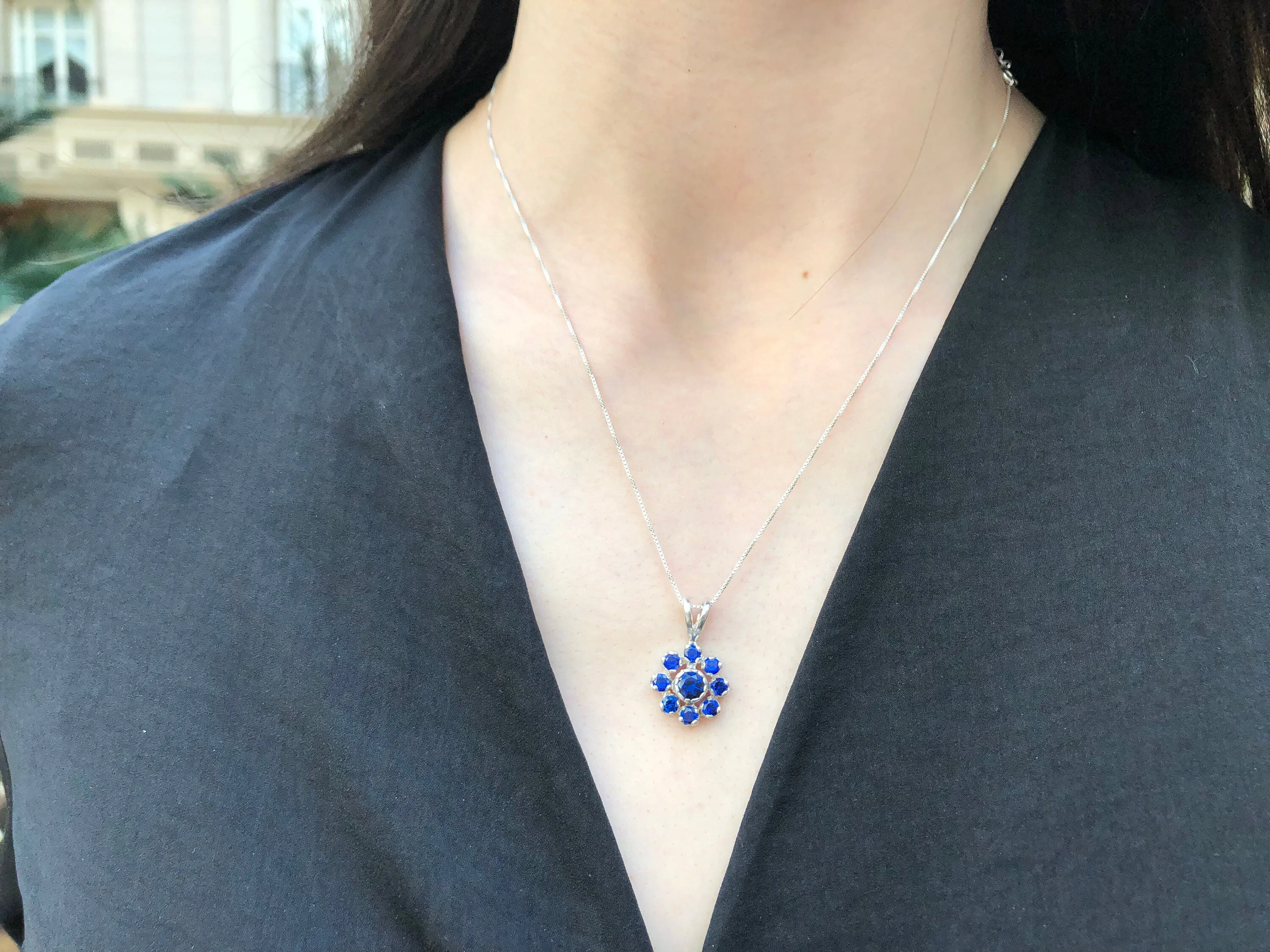 Flower Sapphire Pendant - Large Blue Necklace - Vintage Flower Necklace