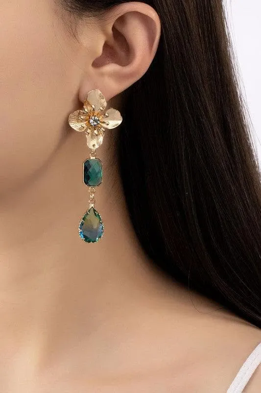 Flower Stud Earrings with Aquamarine Drops