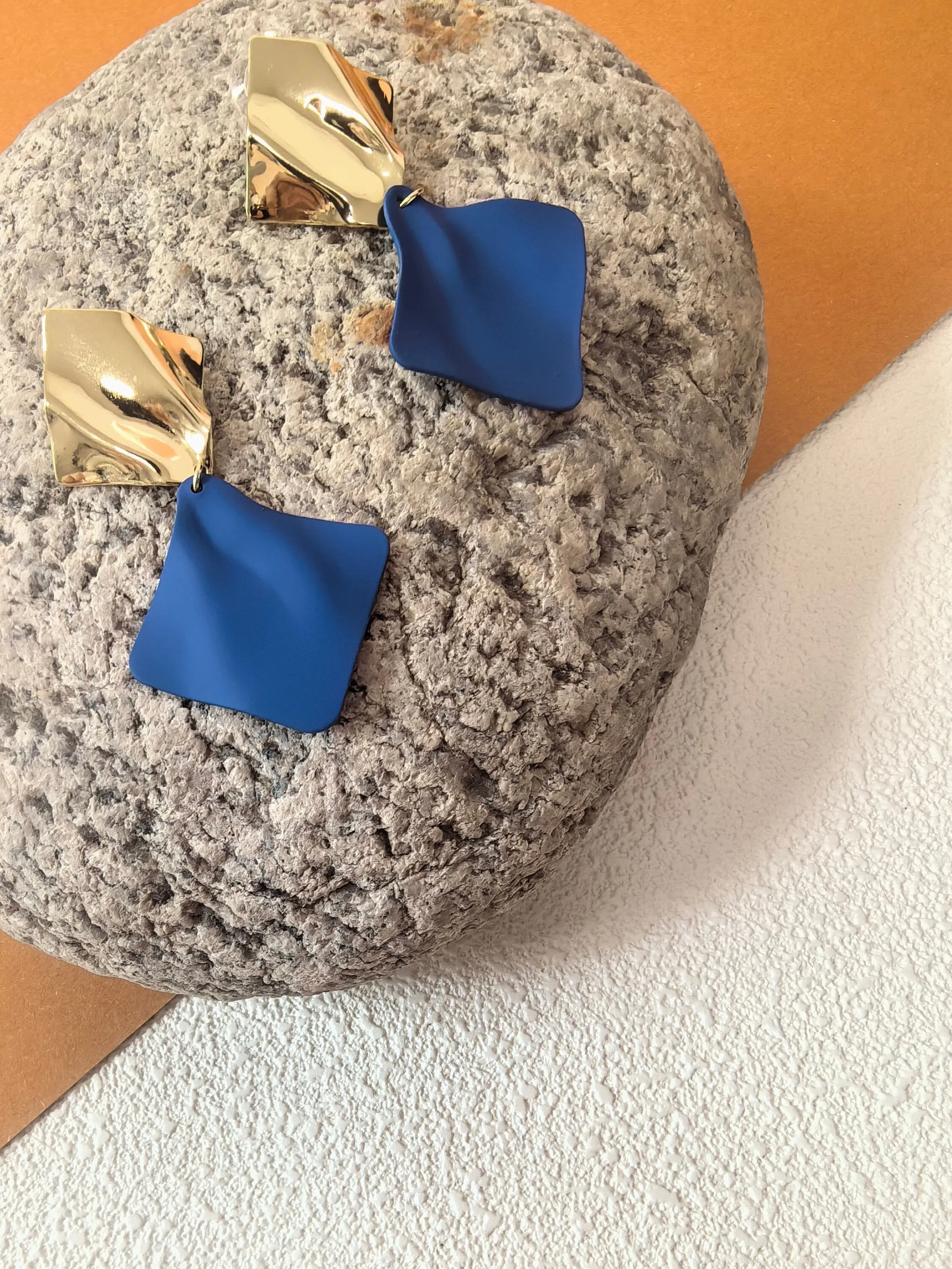 Geometric Gold Blue Two Tone Metal Square Wavy Crumpled Drop Statement Earrings