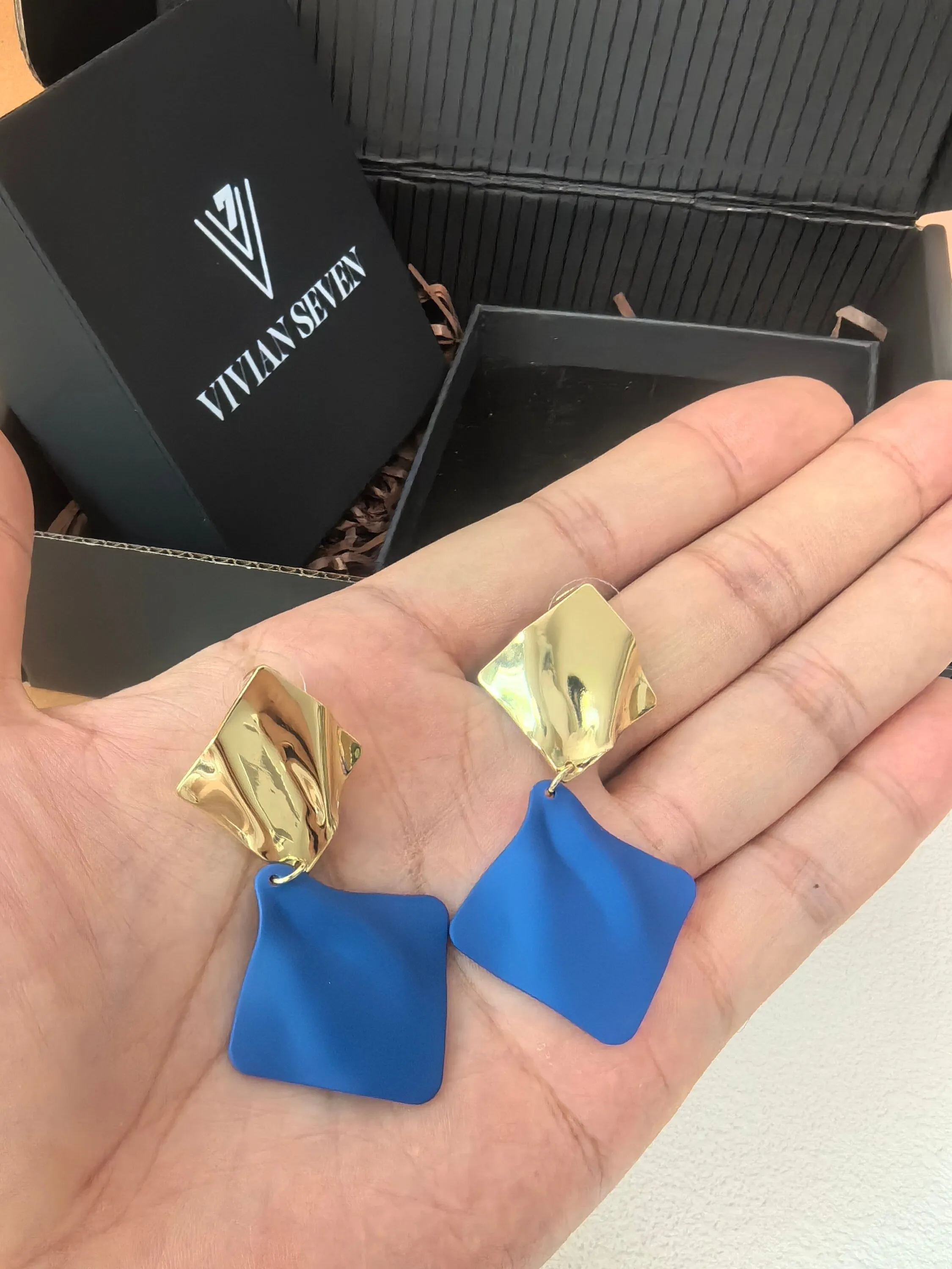 Geometric Gold Blue Two Tone Metal Square Wavy Crumpled Drop Statement Earrings