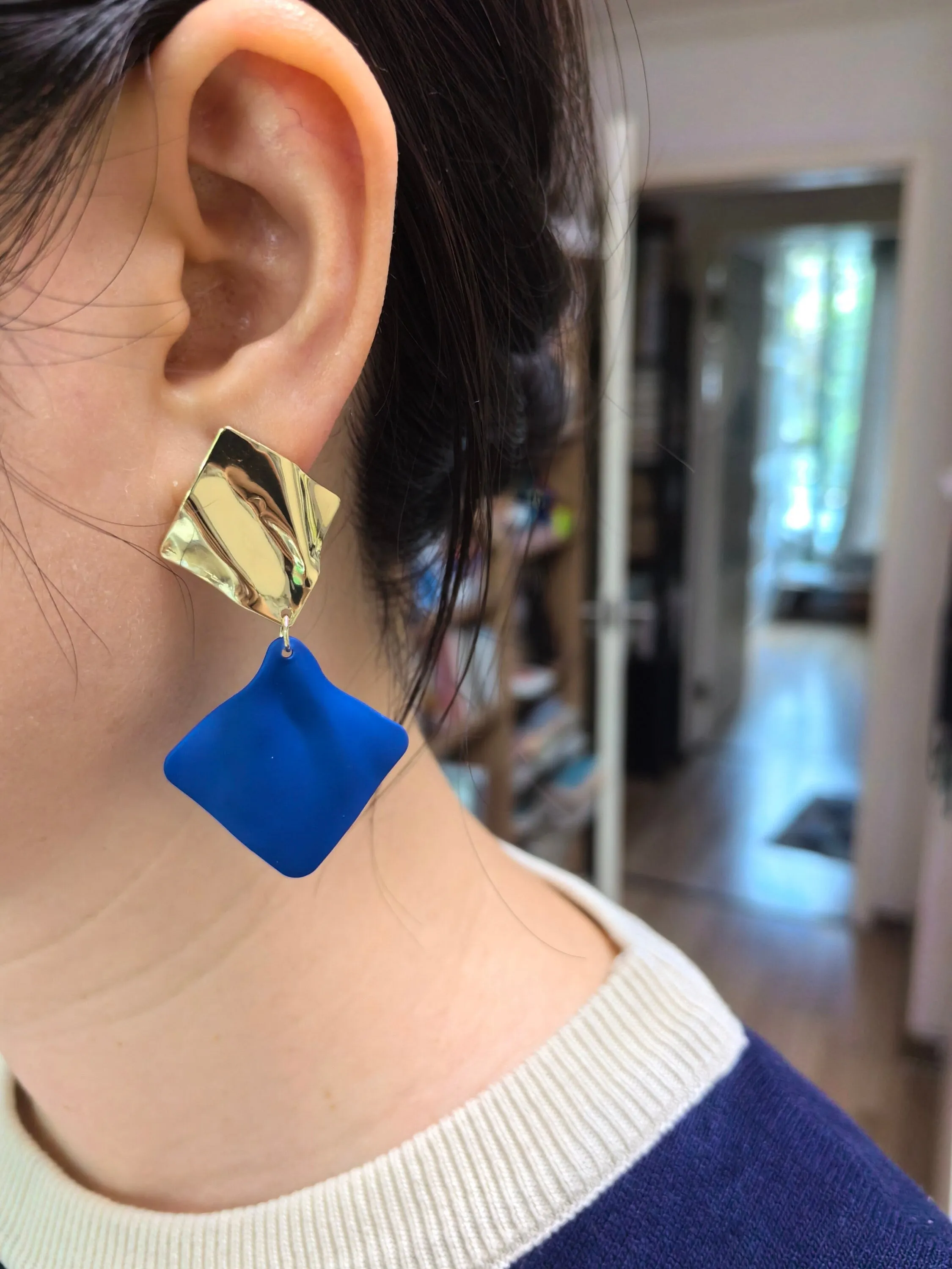 Geometric Gold Blue Two Tone Metal Square Wavy Crumpled Drop Statement Earrings